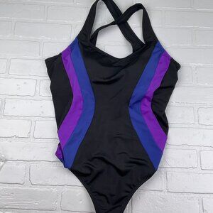 Lands End 1pc Swimsuit Women 14 Black Purple Blue Stripe Tank Bra Classic‎
